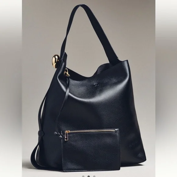 Anthropologie Slouchy Faux-Leather Tote NWOT Black Gold Knob - Picture 3 of 11